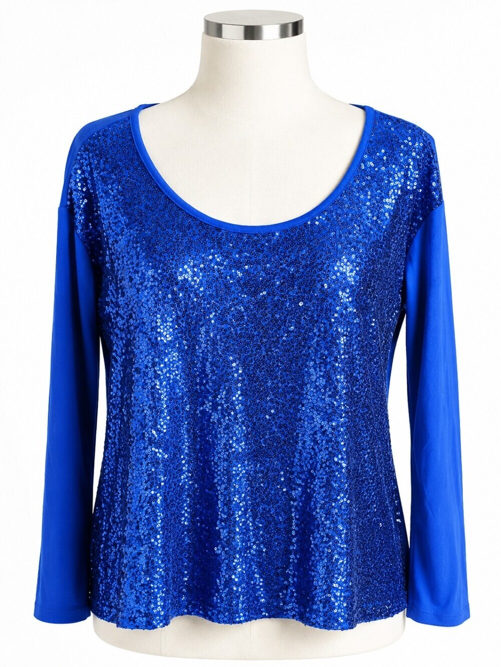 Joan Boyce NWT Royal Blue Sequin Stretch Knit Long Sleeve Scoop Neck Top Sz 1X